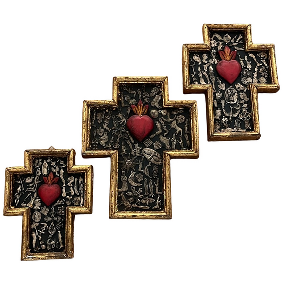 Mexican Art Other - Set of 3 Mexican Crosses with Milagros & Sacred Heart